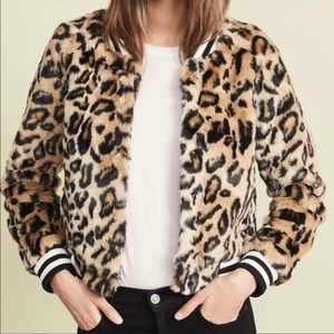 Faux Fur Leopard Print Bomber Jacket with Black and White band Detail Size S